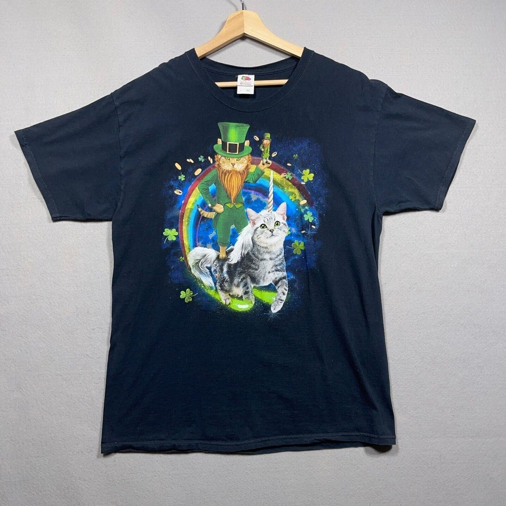 St. Patricks Day Cat Leprechaun Unicorn Men Large Regular Black Tee Retro Funny